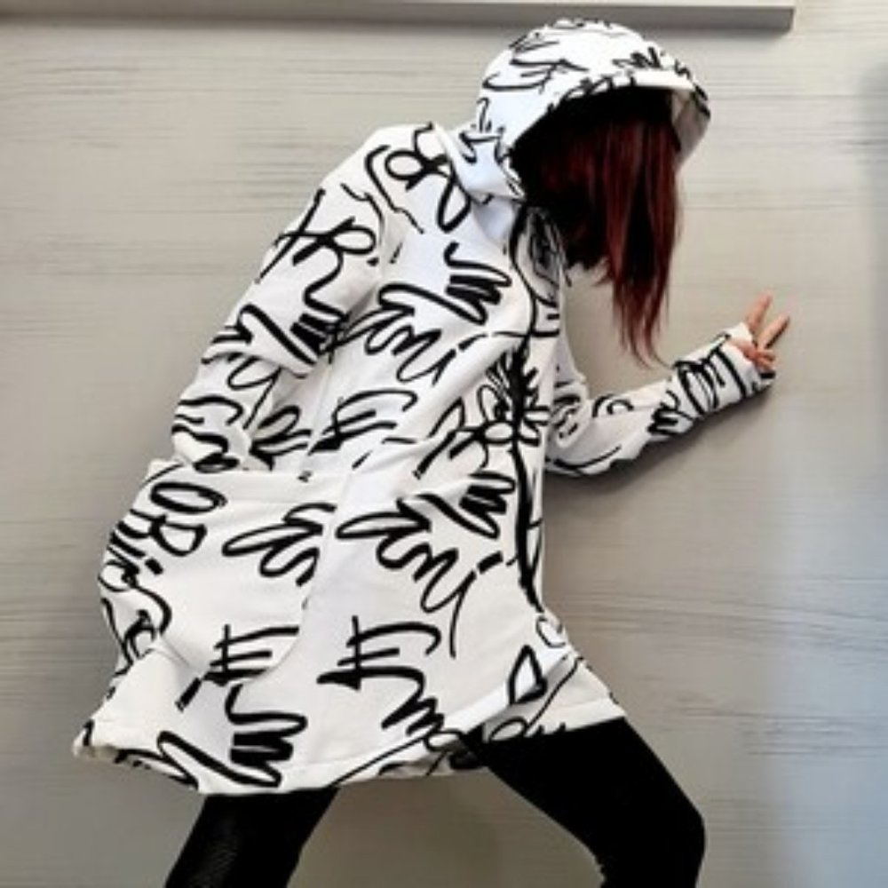 Graphic Print Tunic Hoodie, Asymmetric zip, extra long sleeves, super soft, ~20W